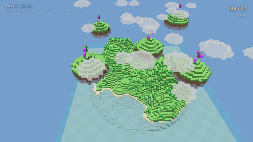 DeepSeek v4 thinking voxel world, a floating volcanic archipelago with glowing crystals