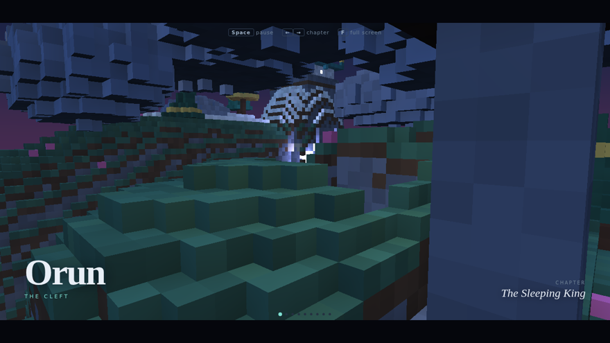 Grok voxel world Orun: The Cleft, a dark moonlit canyon climbed toward a glowing crystal